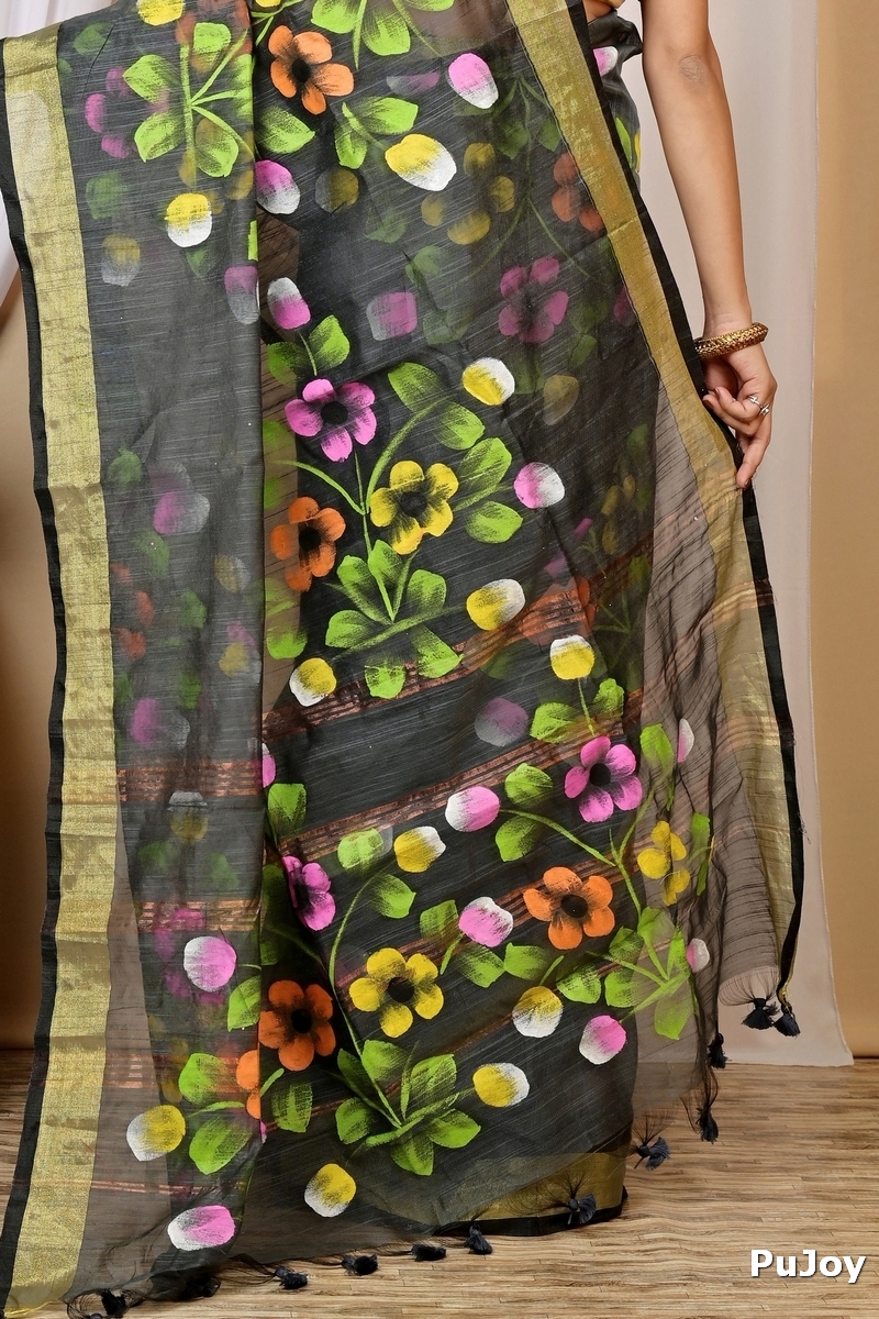 Dark Green Blended Cotton Anito Hand Painted Saree (9008)