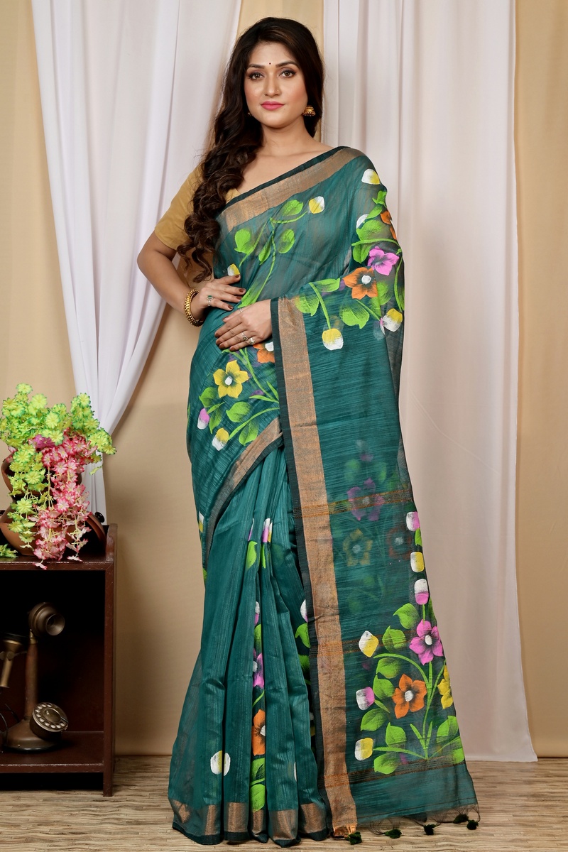 Green Blended Cotton Anito Hand Painted Saree (9009)