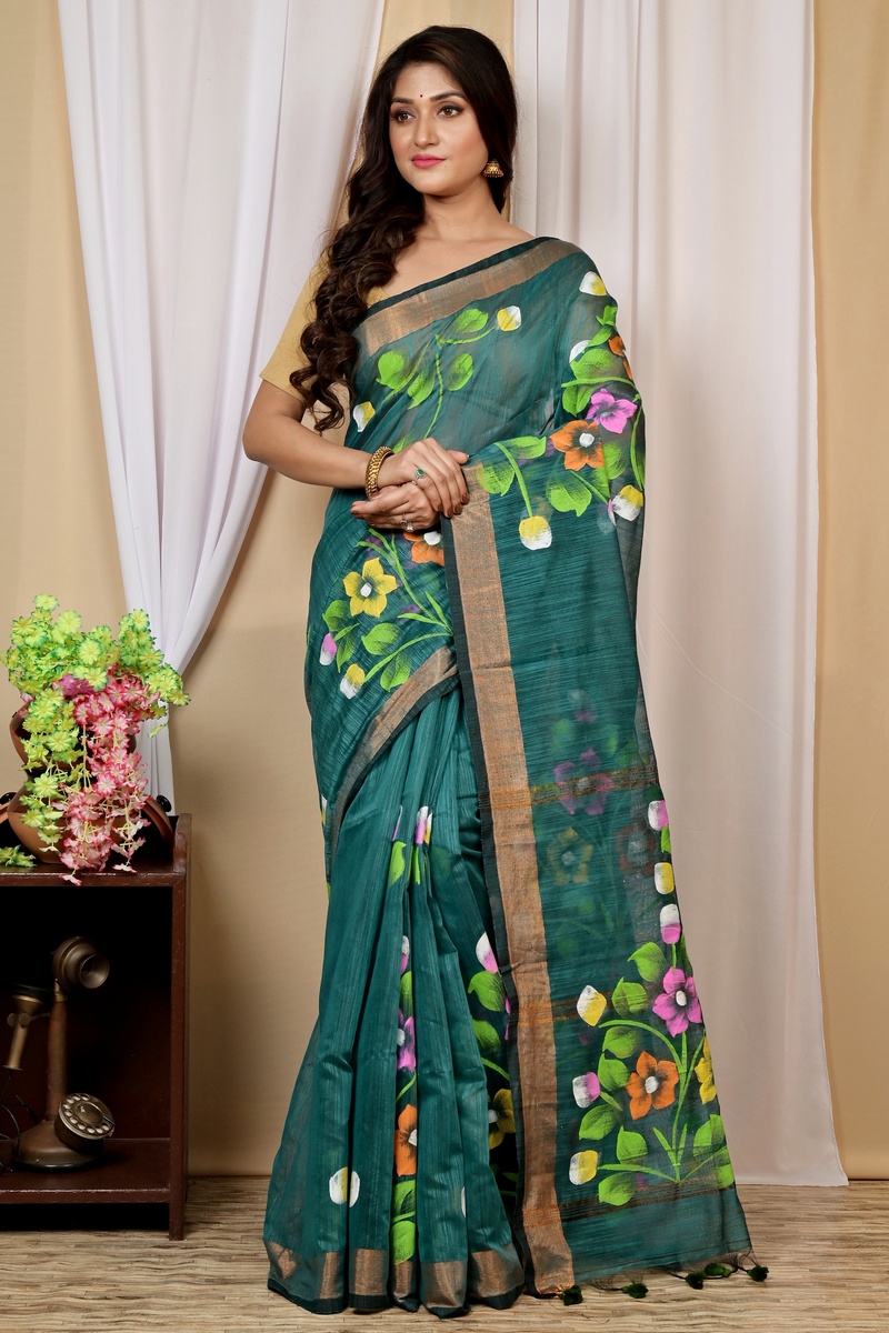Green Blended Cotton Anito Hand Painted Saree (9009)