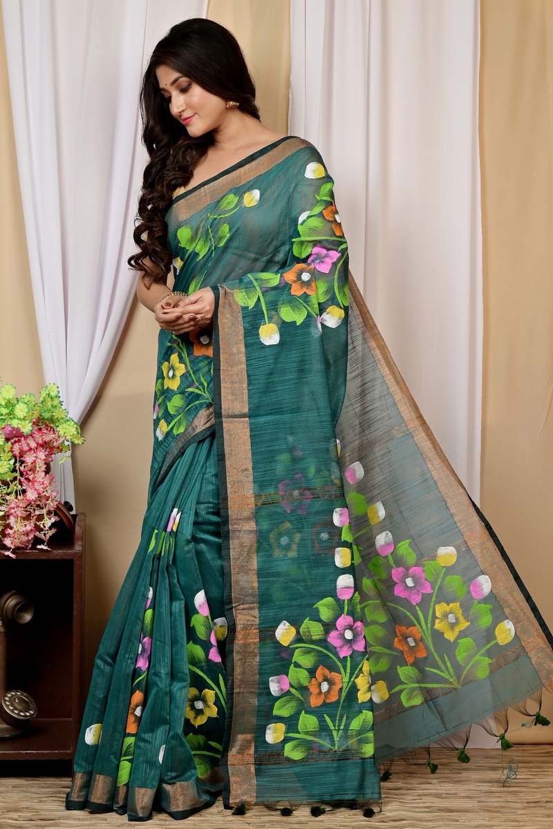Green Blended Cotton Anito Hand Painted Saree (9009)