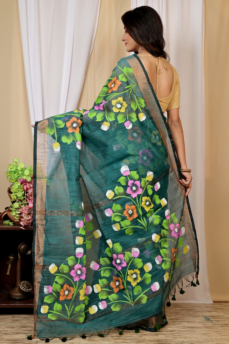 Green Blended Cotton Anito Hand Painted Saree (9009)