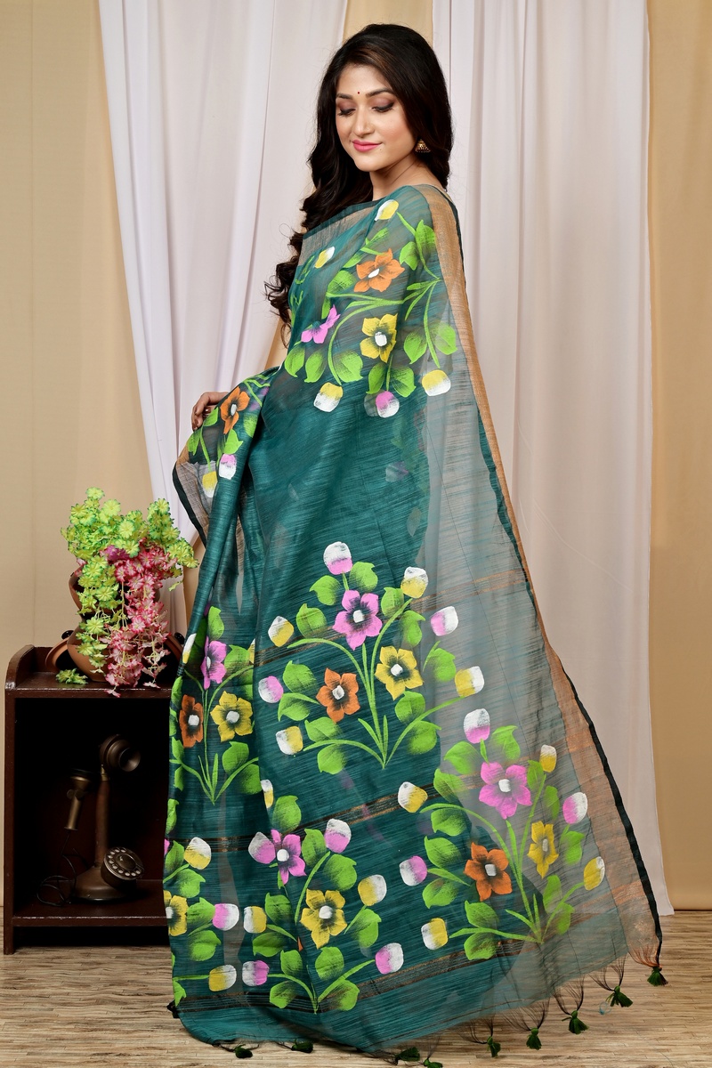 Green Blended Cotton Anito Hand Painted Saree (9009)