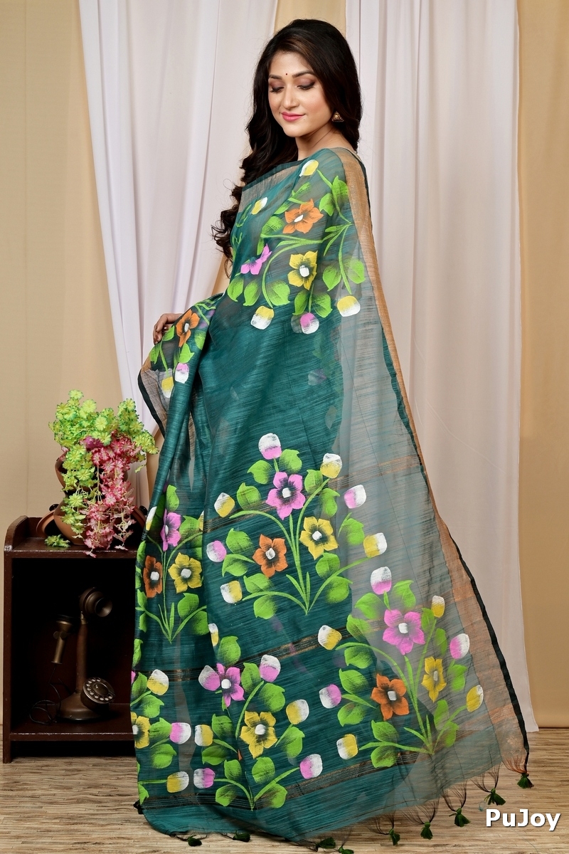 Green Blended Cotton Anito Hand Painted Saree (9009)