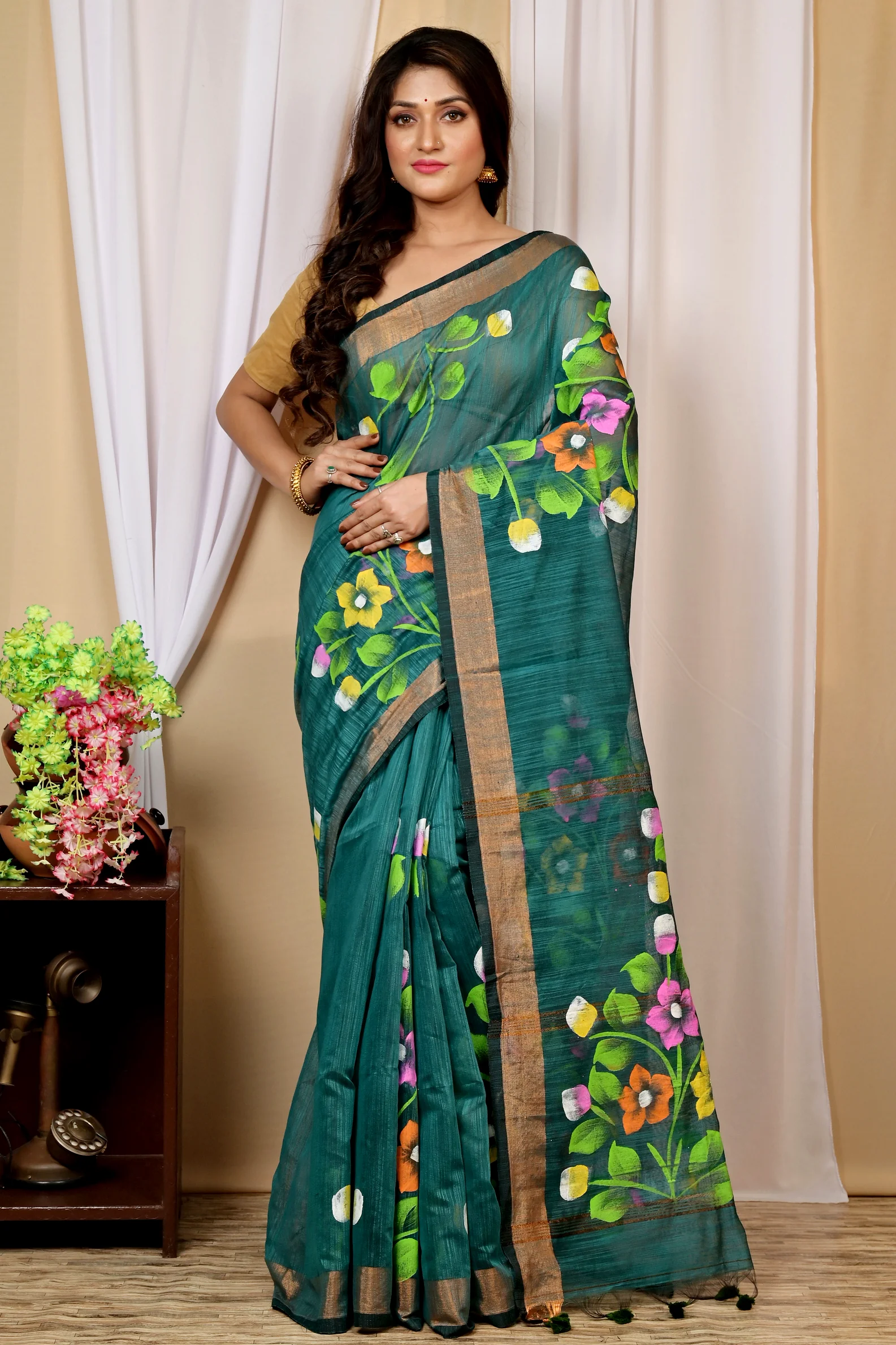 Green Blended Cotton Anito Hand Painted Saree (9009)