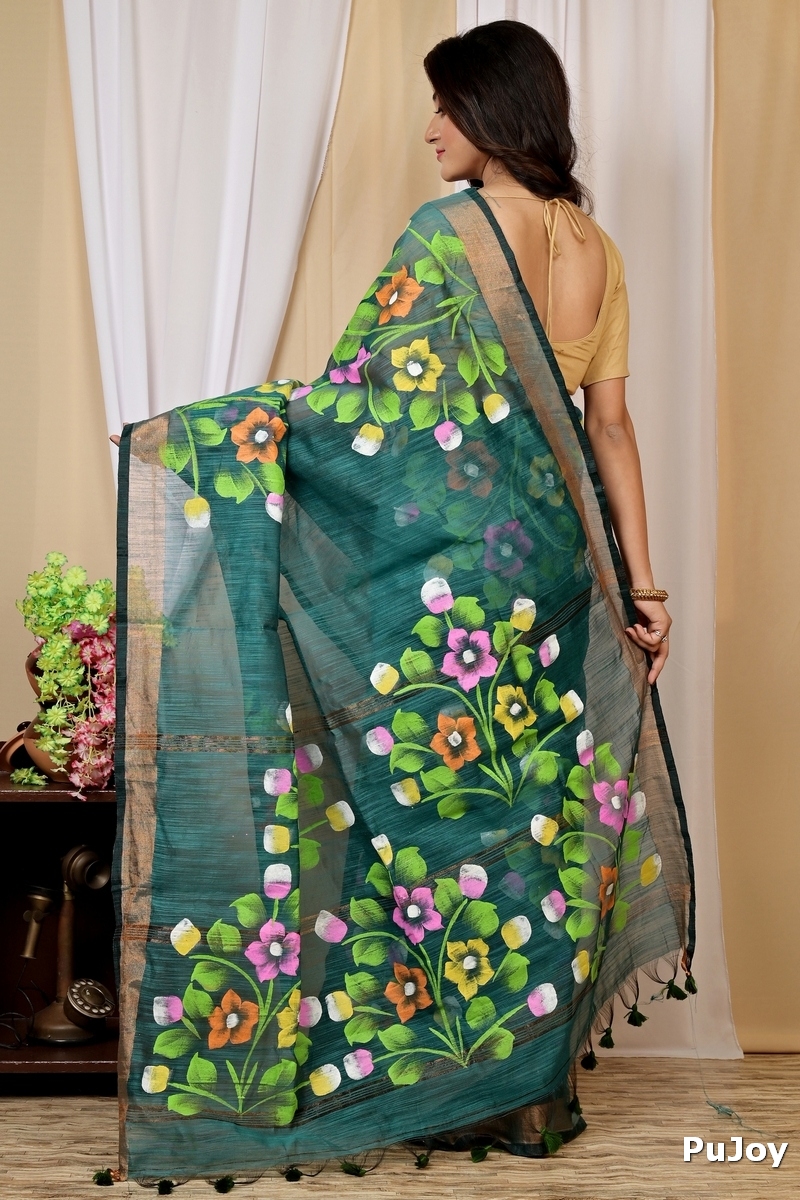 Green Blended Cotton Anito Hand Painted Saree (9009)