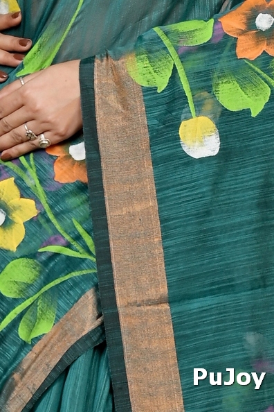 Green Blended Cotton Anito Hand Painted Saree (9009)