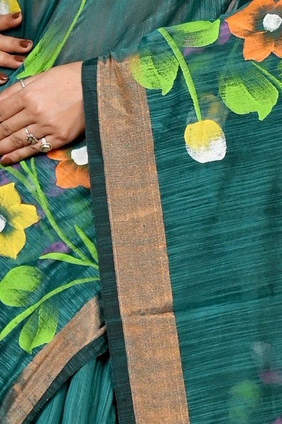 Green Blended Cotton Anito Hand Painted Saree (9009)