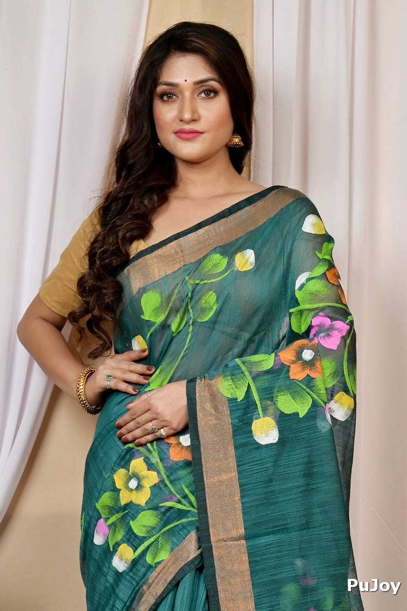 Green Blended Cotton Anito Hand Painted Saree (9009)