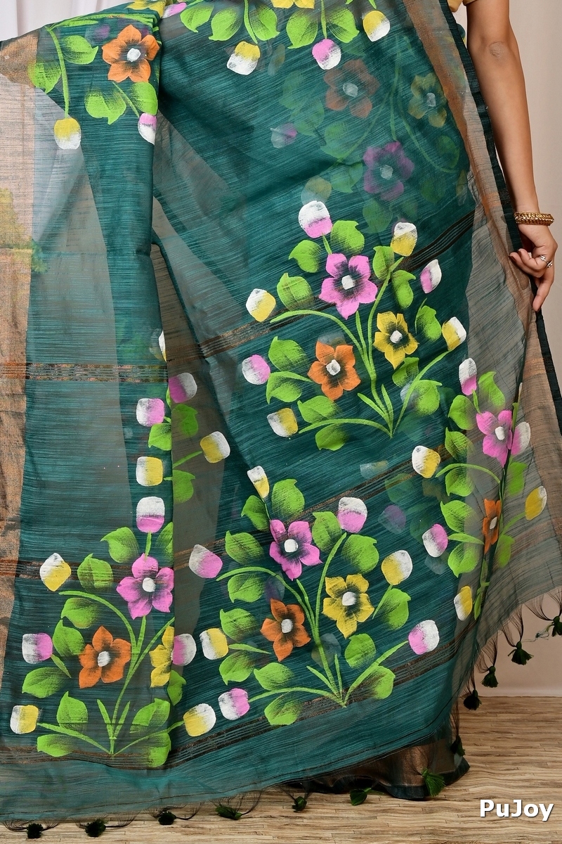Green Blended Cotton Anito Hand Painted Saree (9009)