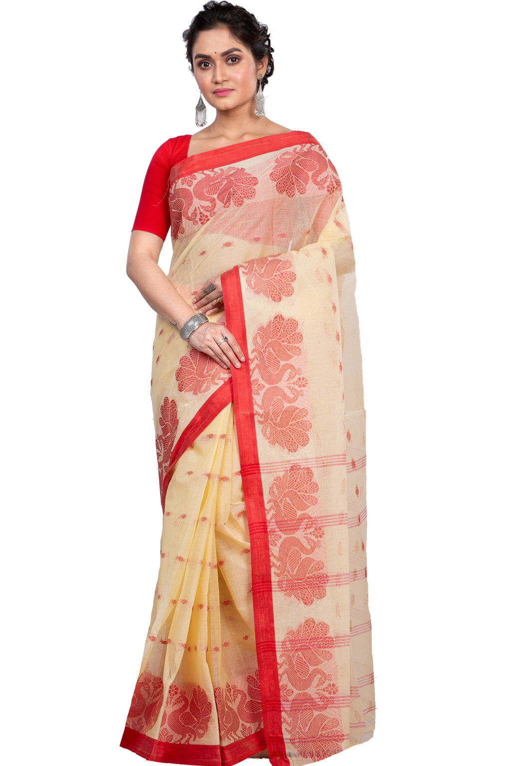 Cream Pure Cotton MOYUR PAR Tant Saree (901)