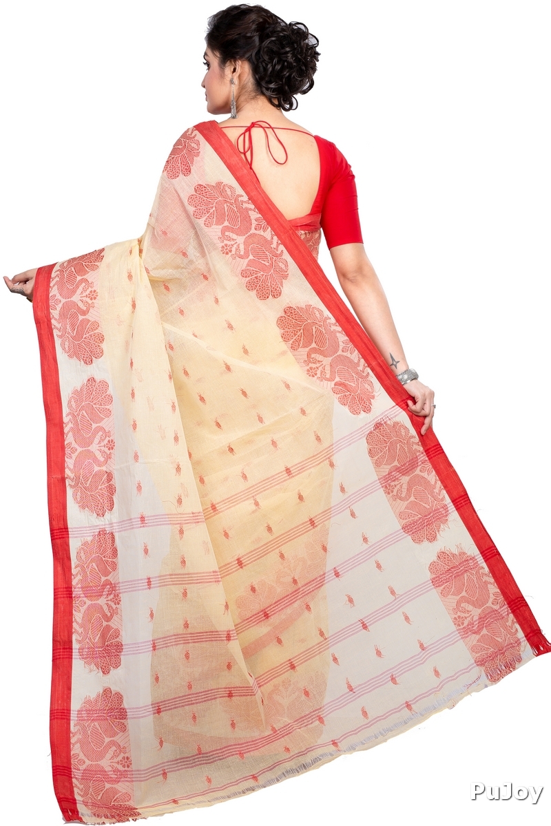 Cream Pure Cotton MOYUR PAR Tant Saree (901)