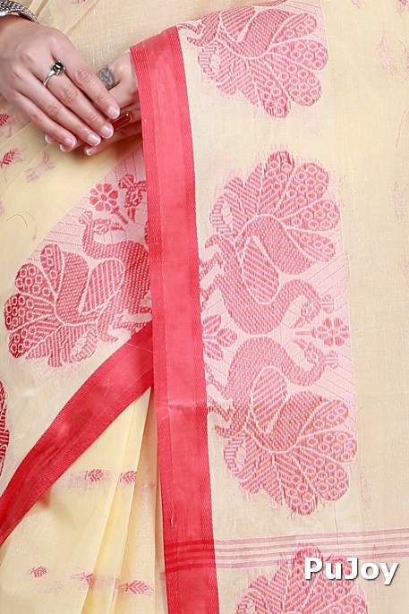 Cream Pure Cotton MOYUR PAR Tant Saree (901)
