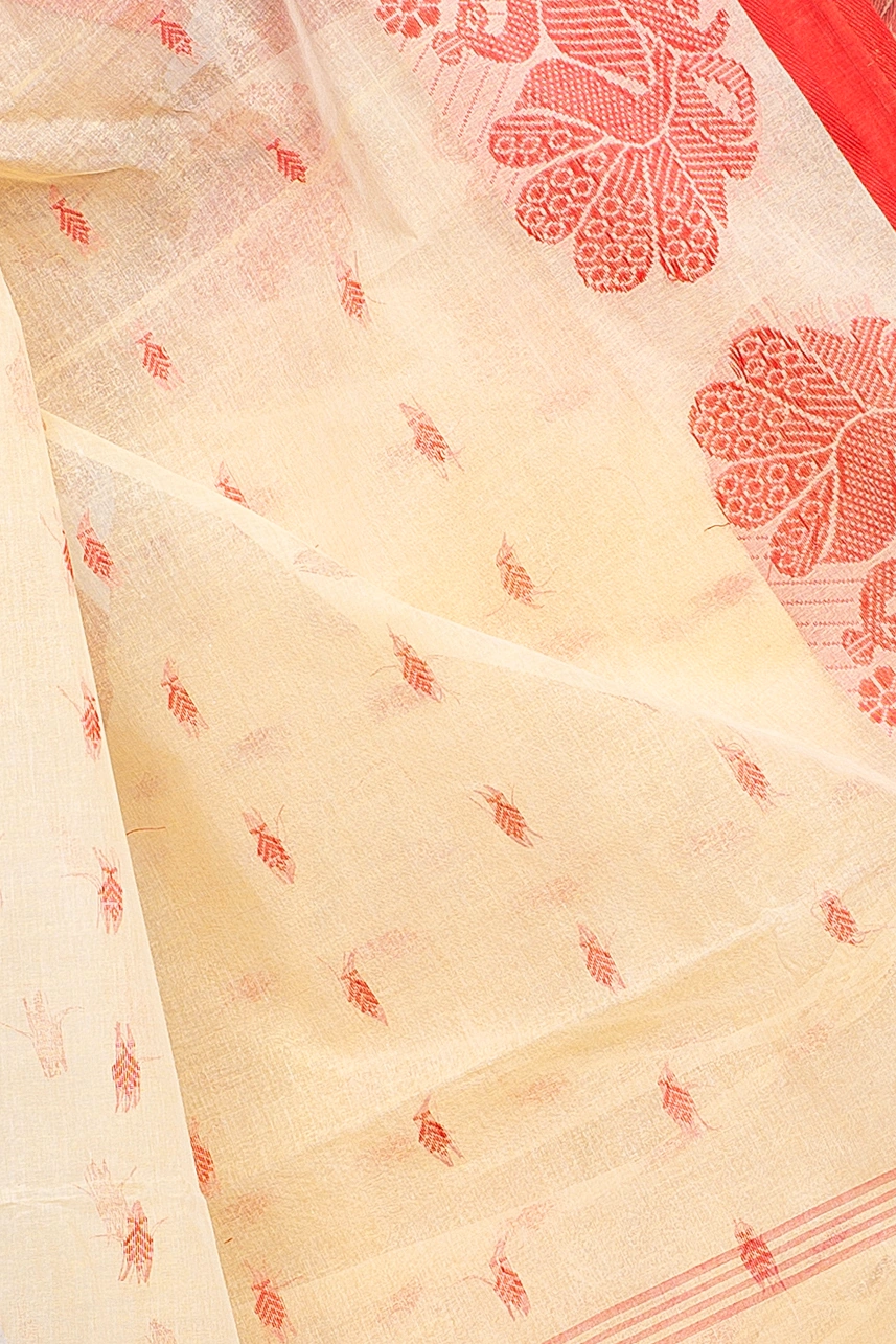Cream Pure Cotton MOYUR PAR Tant Saree (901)