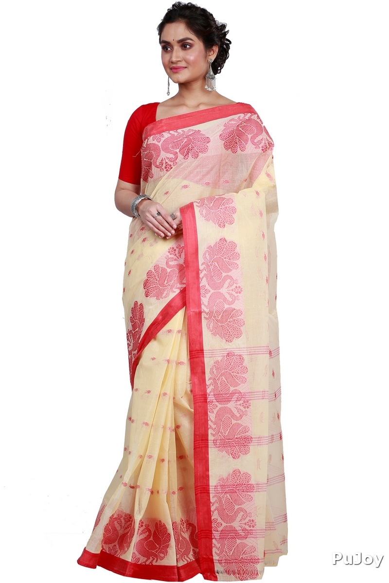 Cream Pure Cotton MOYUR PAR Tant Saree (901)
