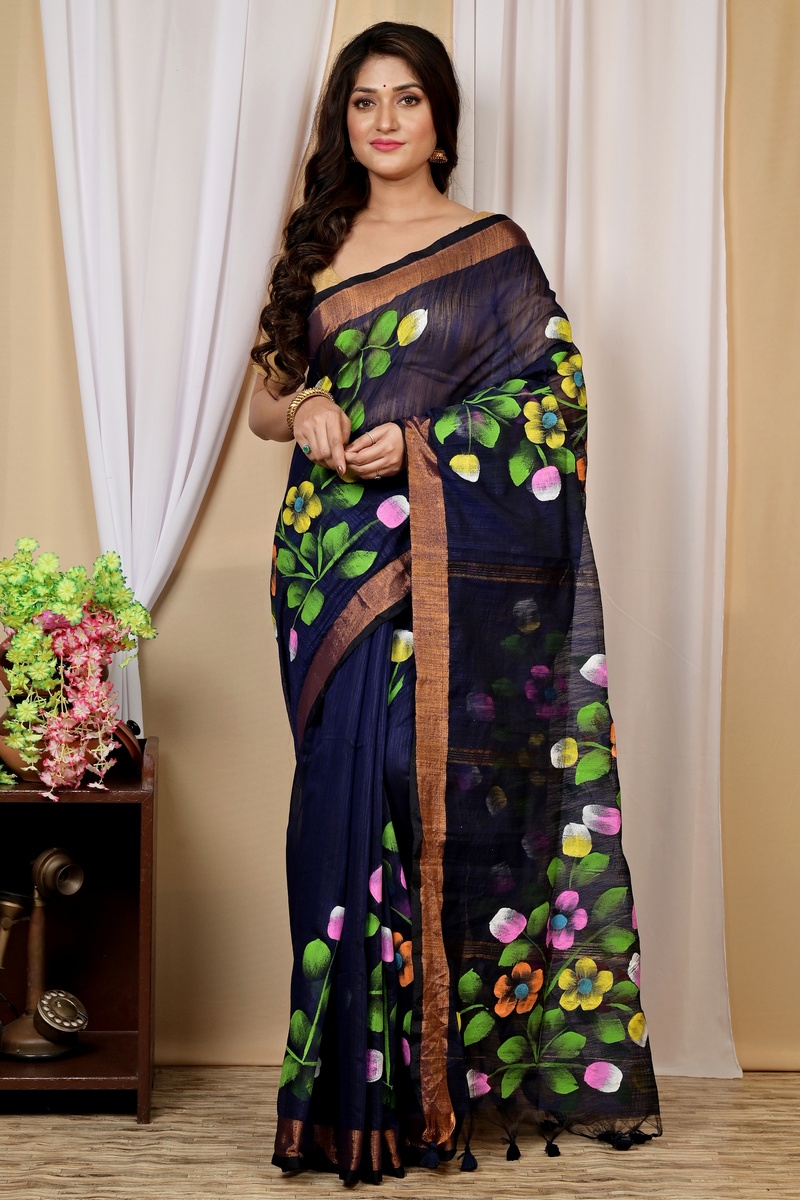 Naby Blue Blended Cotton Anito Hand Painted Saree (9010)