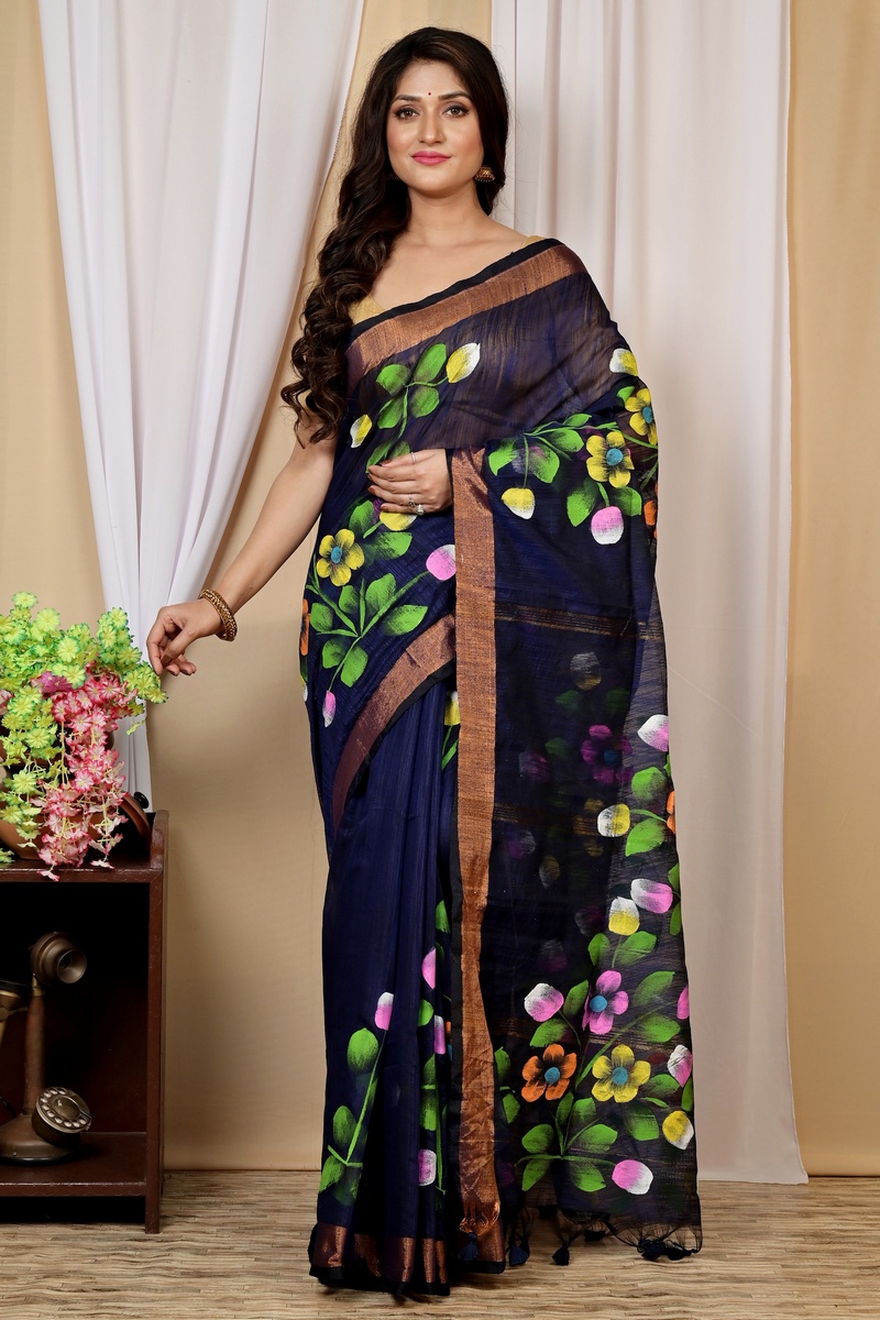 Naby Blue Blended Cotton Anito Hand Painted Saree (9010)