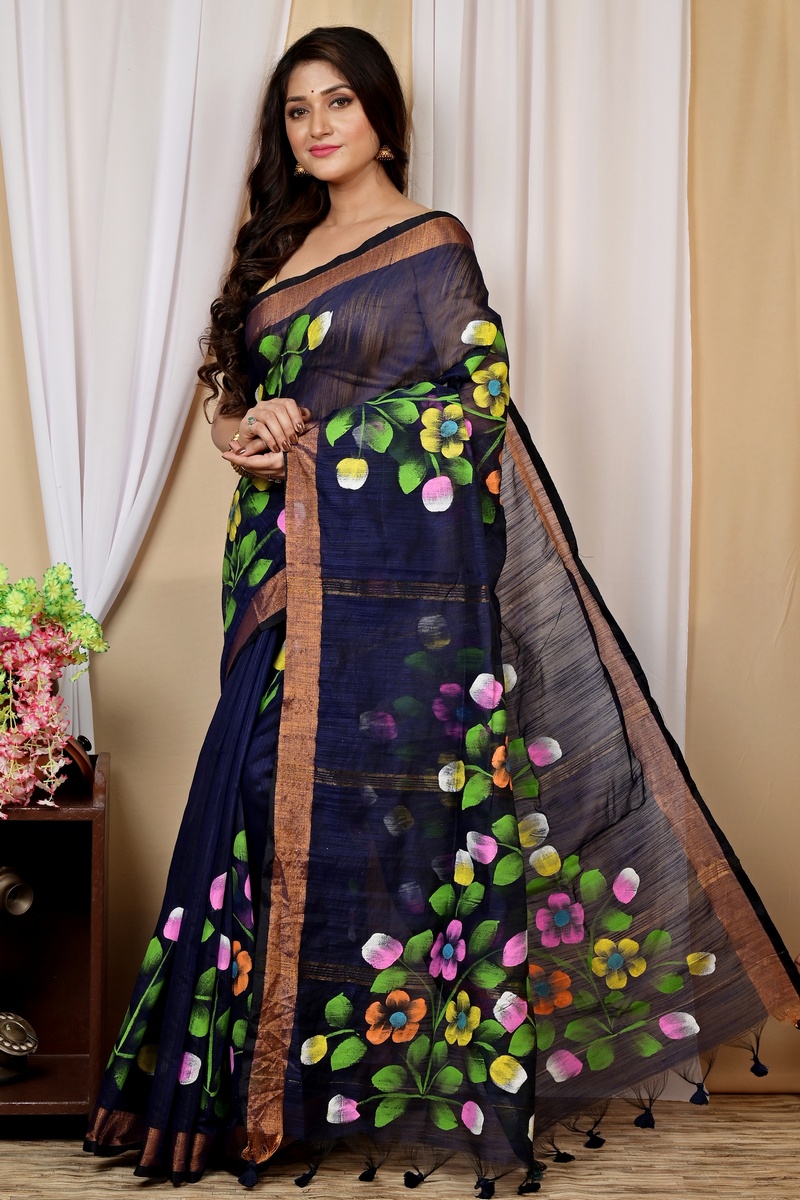 Naby Blue Blended Cotton Anito Hand Painted Saree (9010)