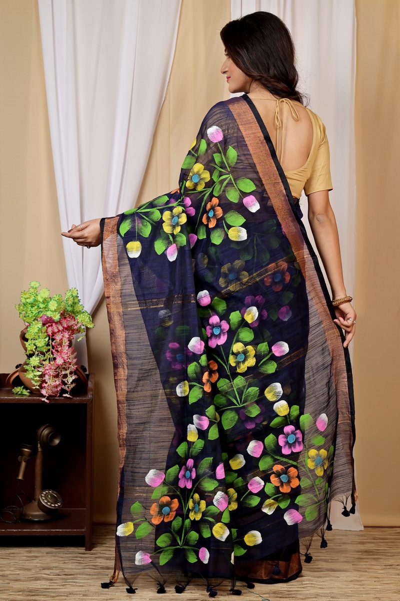 Naby Blue Blended Cotton Anito Hand Painted Saree (9010)