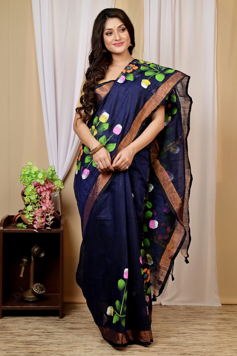 Naby Blue Blended Cotton Anito Hand Painted Saree (9010)