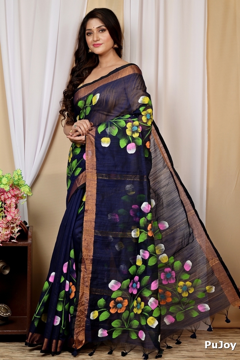 Naby Blue Blended Cotton Anito Hand Painted Saree (9010)