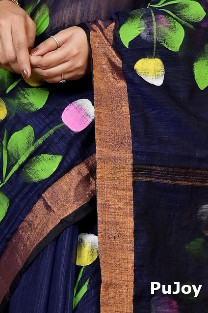 Naby Blue Blended Cotton Anito Hand Painted Saree (9010)