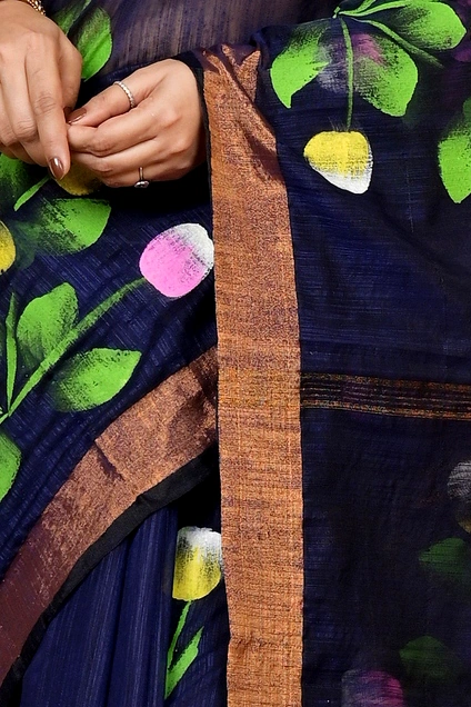 Naby Blue Blended Cotton Anito Hand Painted Saree (9010)