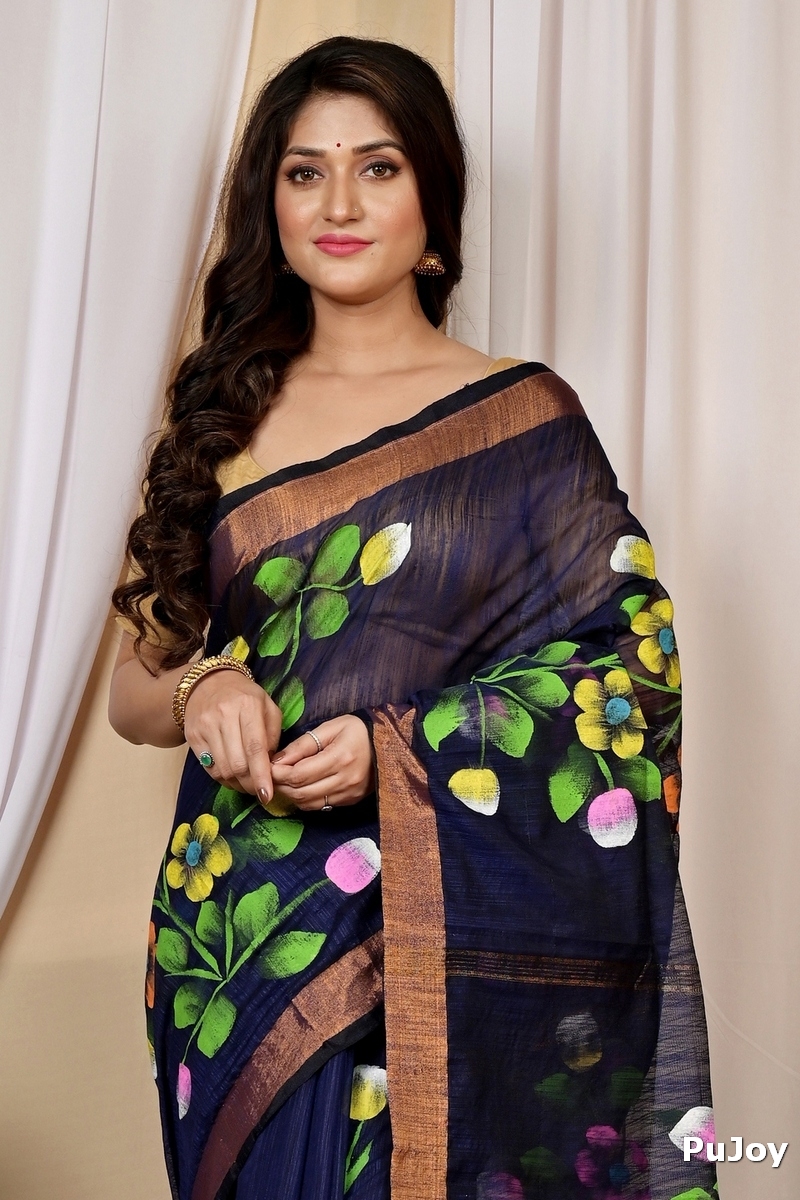 Naby Blue Blended Cotton Anito Hand Painted Saree (9010)