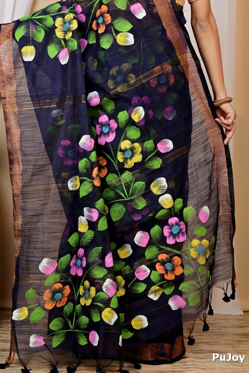 Naby Blue Blended Cotton Anito Hand Painted Saree (9010)