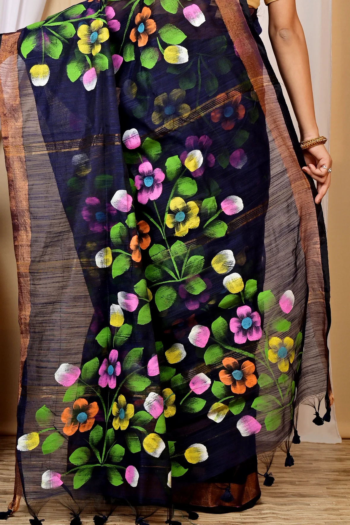 Naby Blue Blended Cotton Anito Hand Painted Saree (9010)