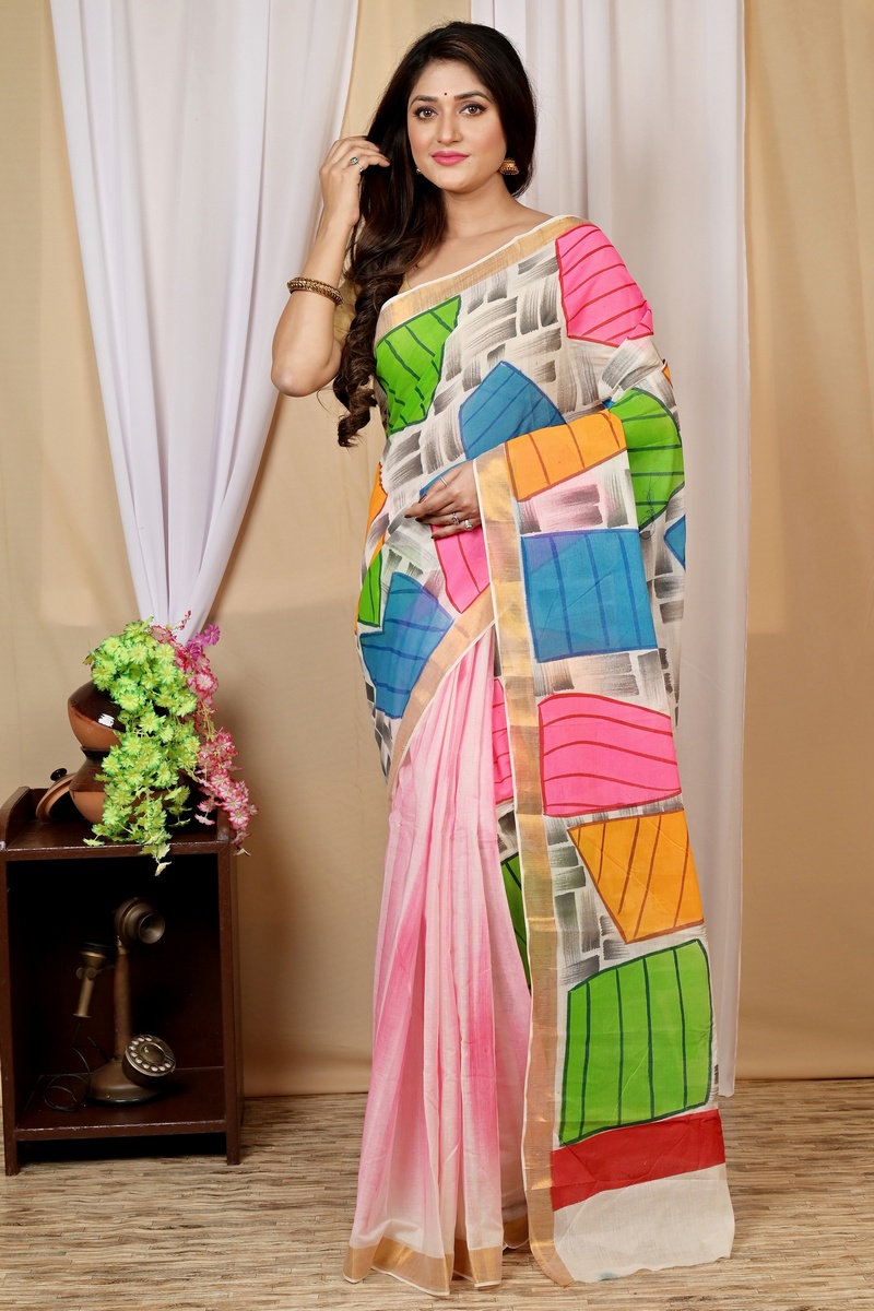 Multi-Coloured Pure Cotton Hataka Hand Painted Saree (9011)