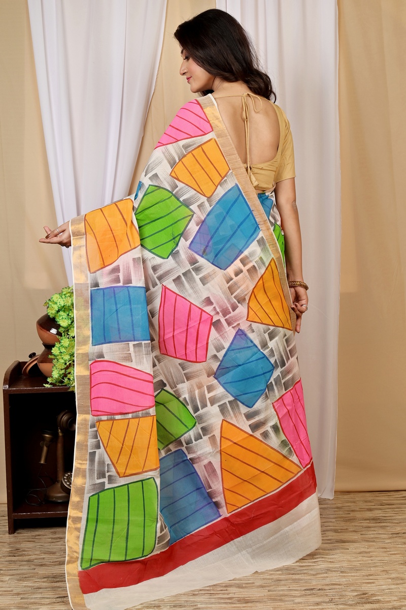 Multi-Coloured Pure Cotton Hataka Hand Painted Saree (9011)