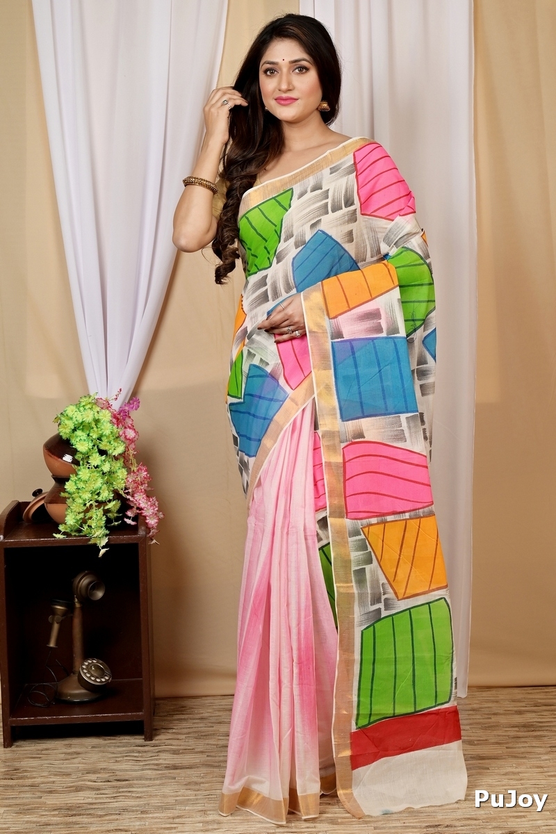 Multi-Coloured Pure Cotton Hataka Hand Painted Saree (9011)
