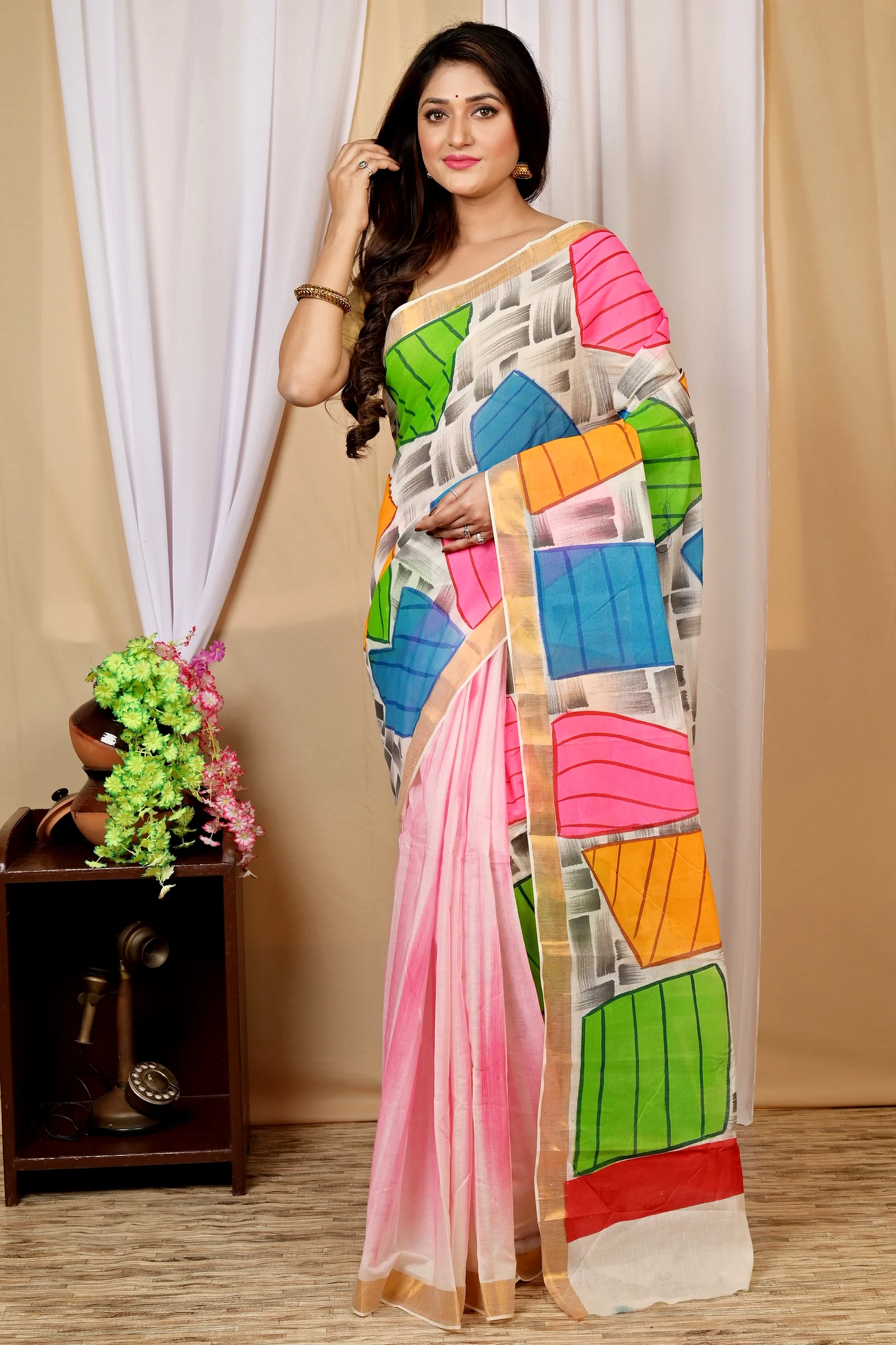 Multi-Coloured Pure Cotton Hataka Hand Painted Saree (9011)
