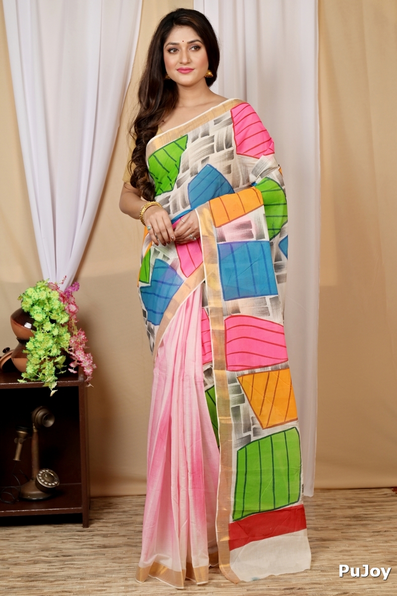 Multi-Coloured Pure Cotton Hataka Hand Painted Saree (9011)