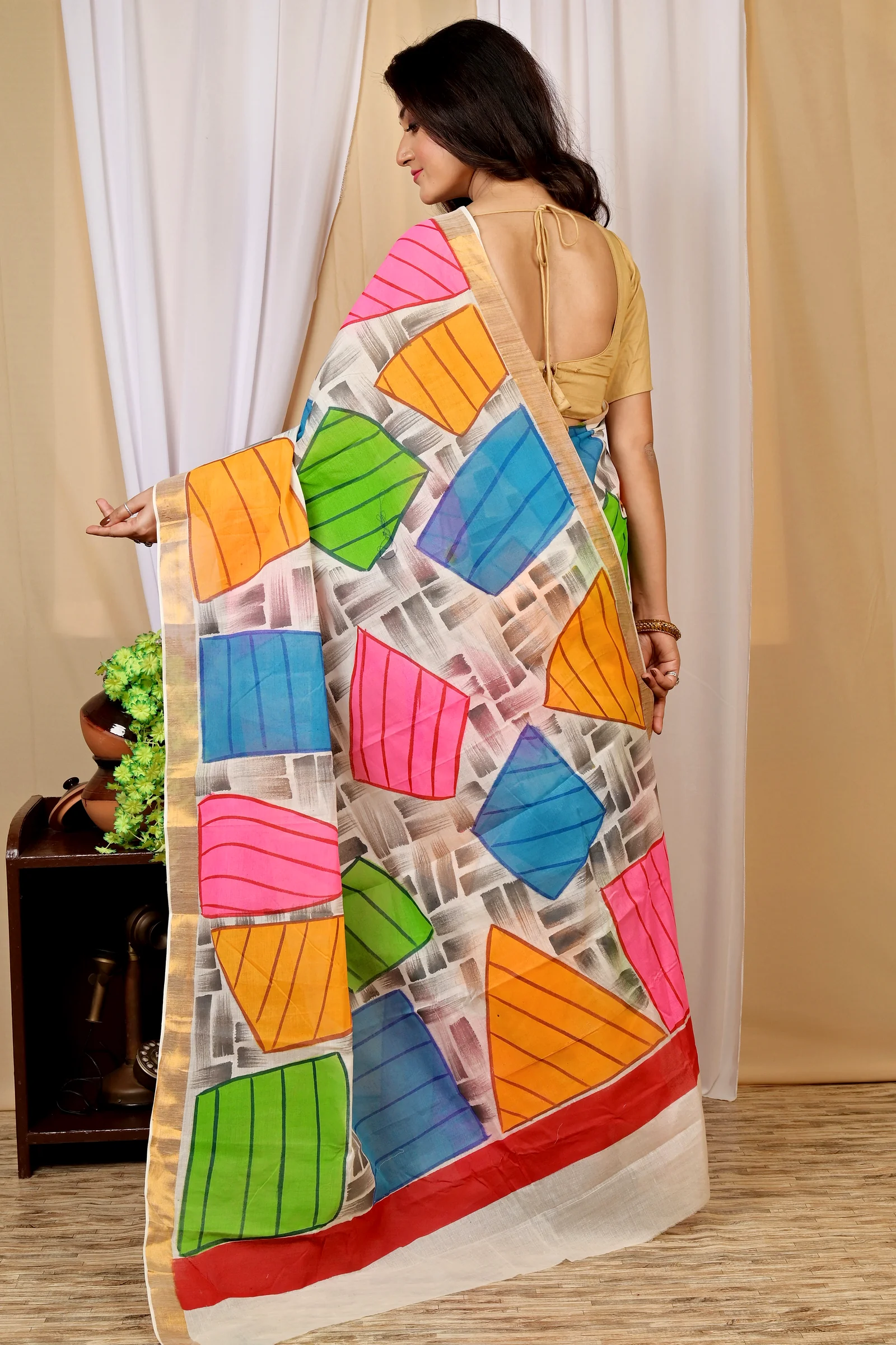 Multi-Coloured Pure Cotton Hataka Hand Painted Saree (9011)