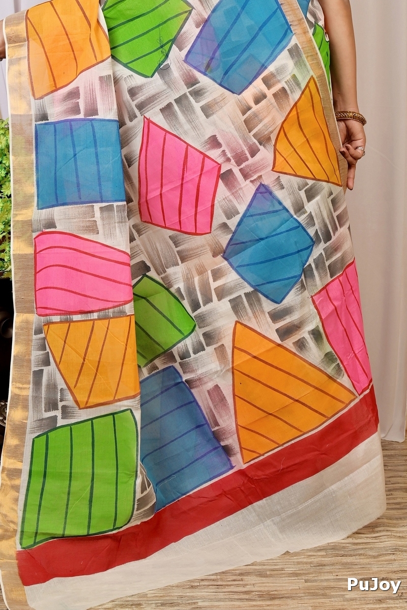Multi-Coloured Pure Cotton Hataka Hand Painted Saree (9011)