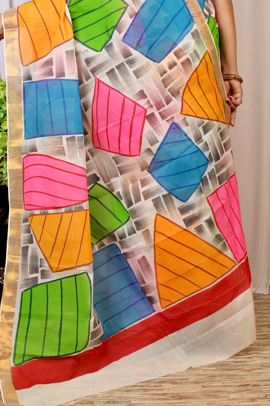 Multi-Coloured Pure Cotton Hataka Hand Painted Saree (9011)