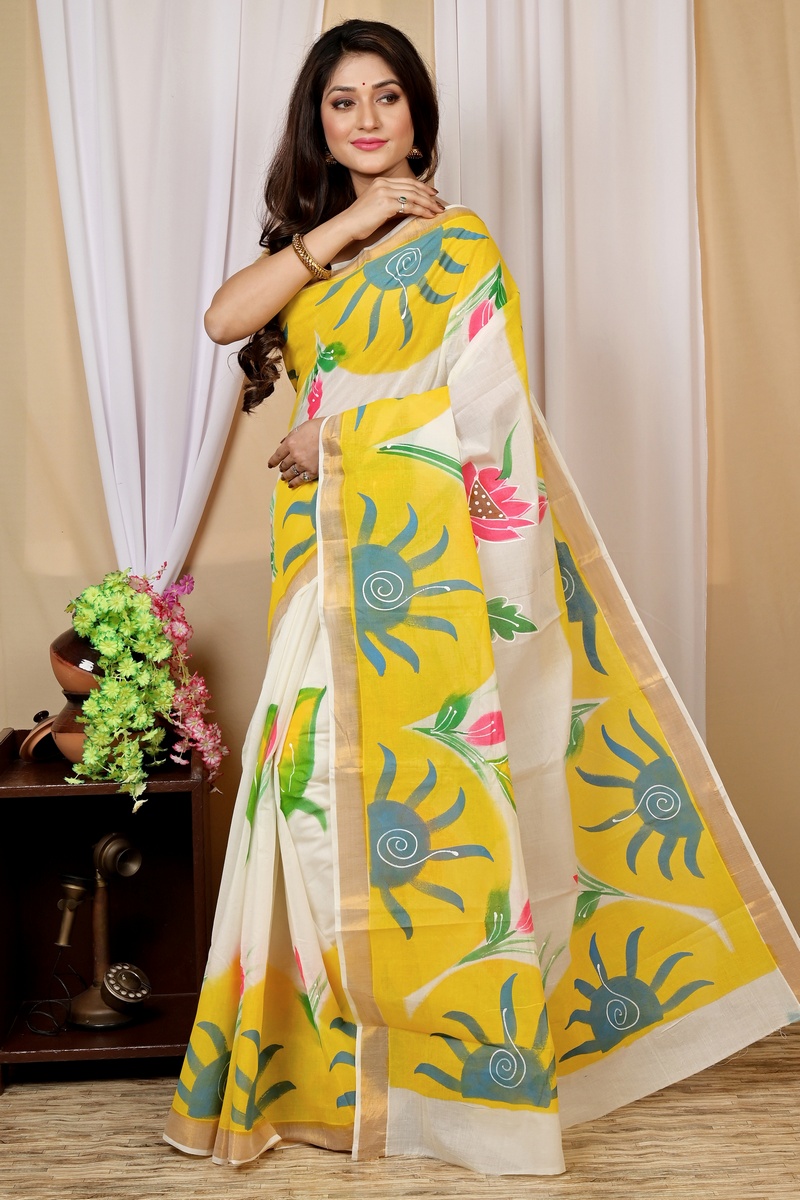 Multi-Coloured Pure Cotton Hataka Hand Painted Saree (9012)