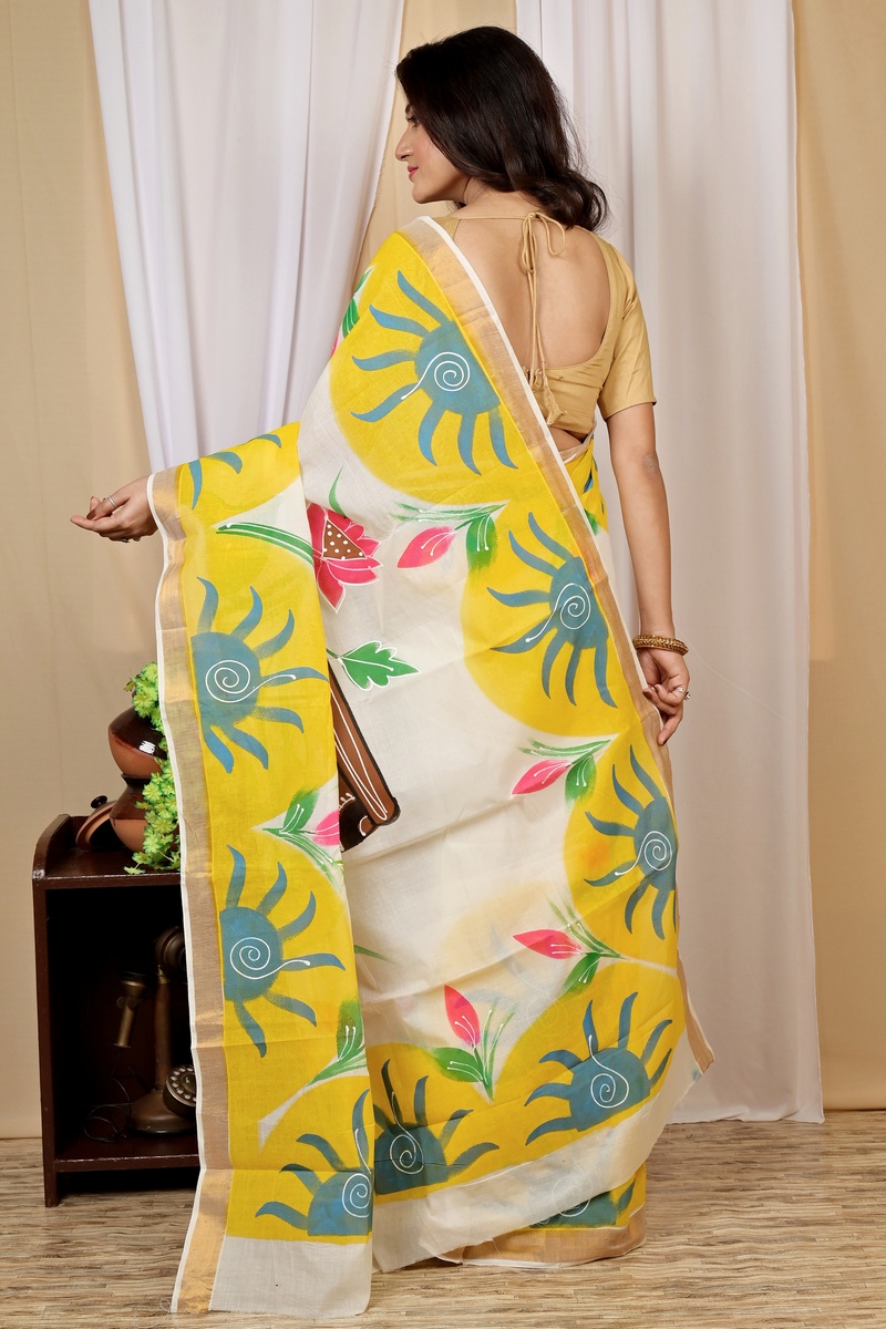 Multi-Coloured Pure Cotton Hataka Hand Painted Saree (9012)