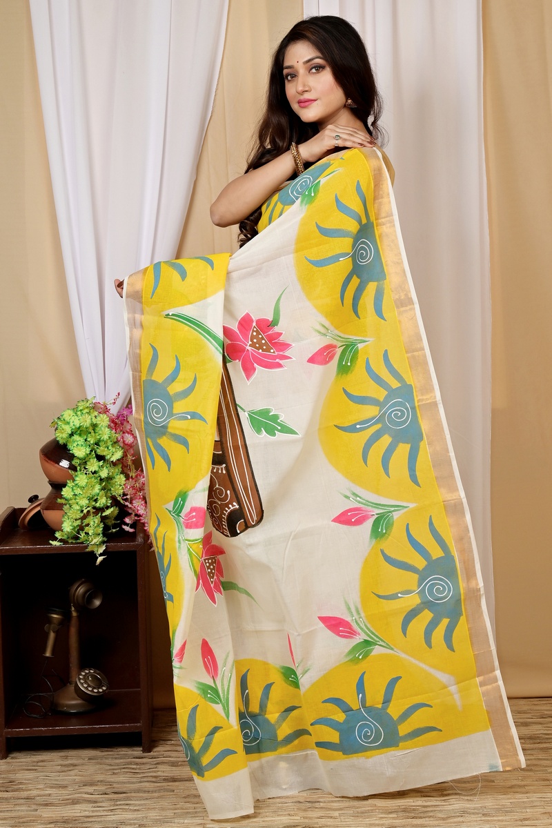 Multi-Coloured Pure Cotton Hataka Hand Painted Saree (9012)
