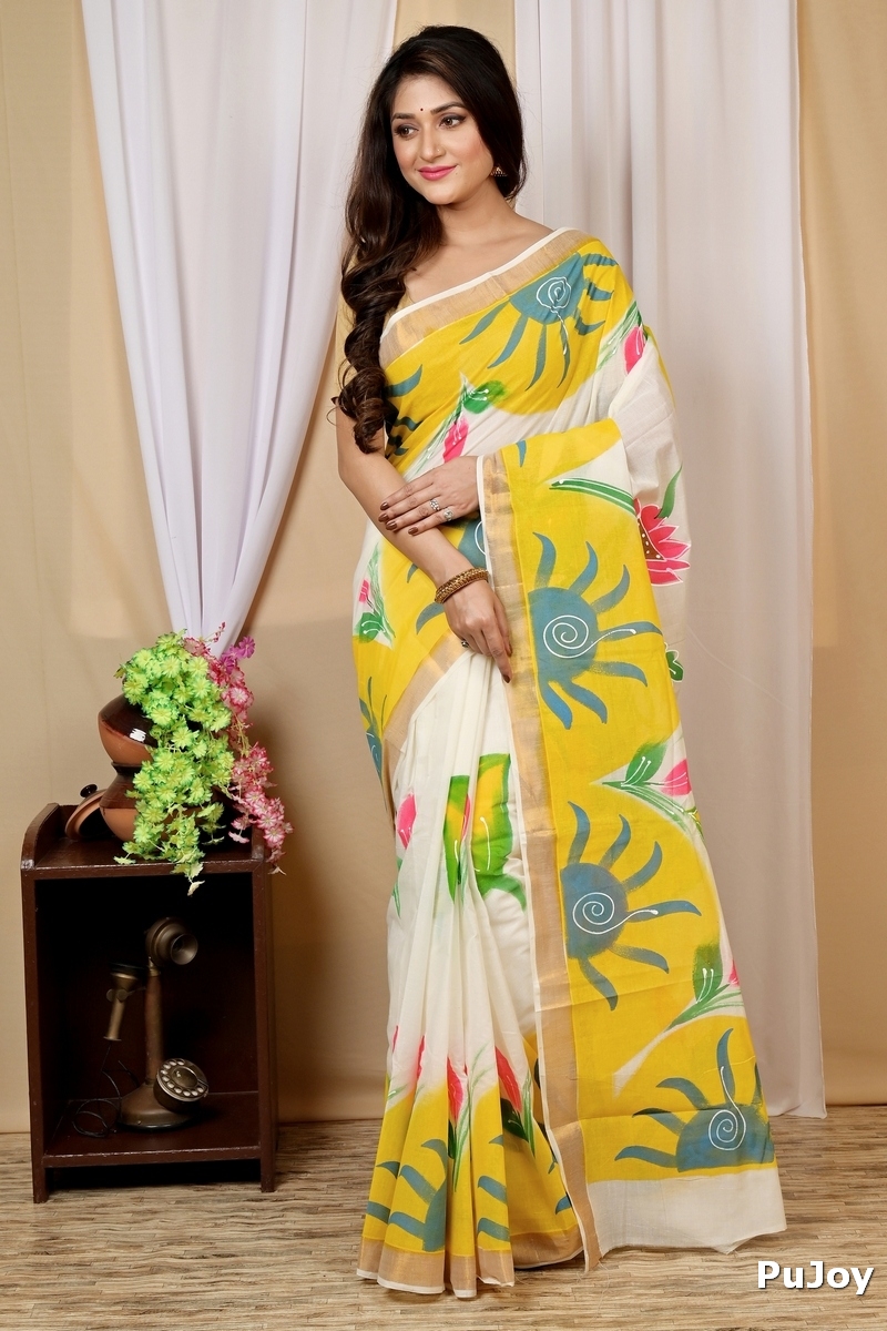 Multi-Coloured Pure Cotton Hataka Hand Painted Saree (9012)
