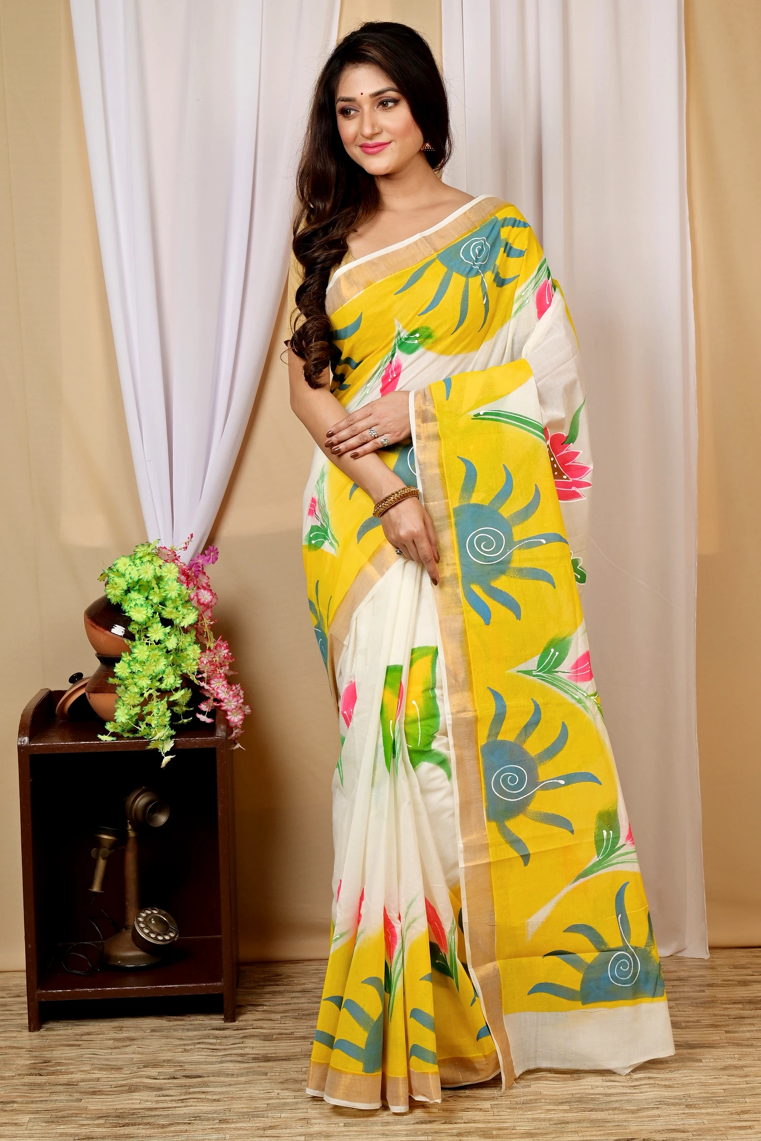Multi-Coloured Pure Cotton Hataka Hand Painted Saree (9012)