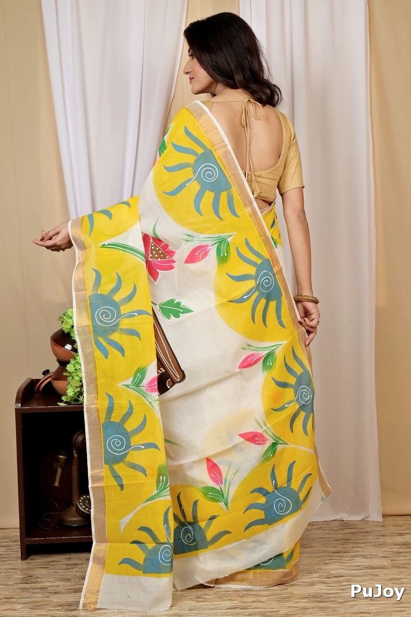 Multi-Coloured Pure Cotton Hataka Hand Painted Saree (9012)