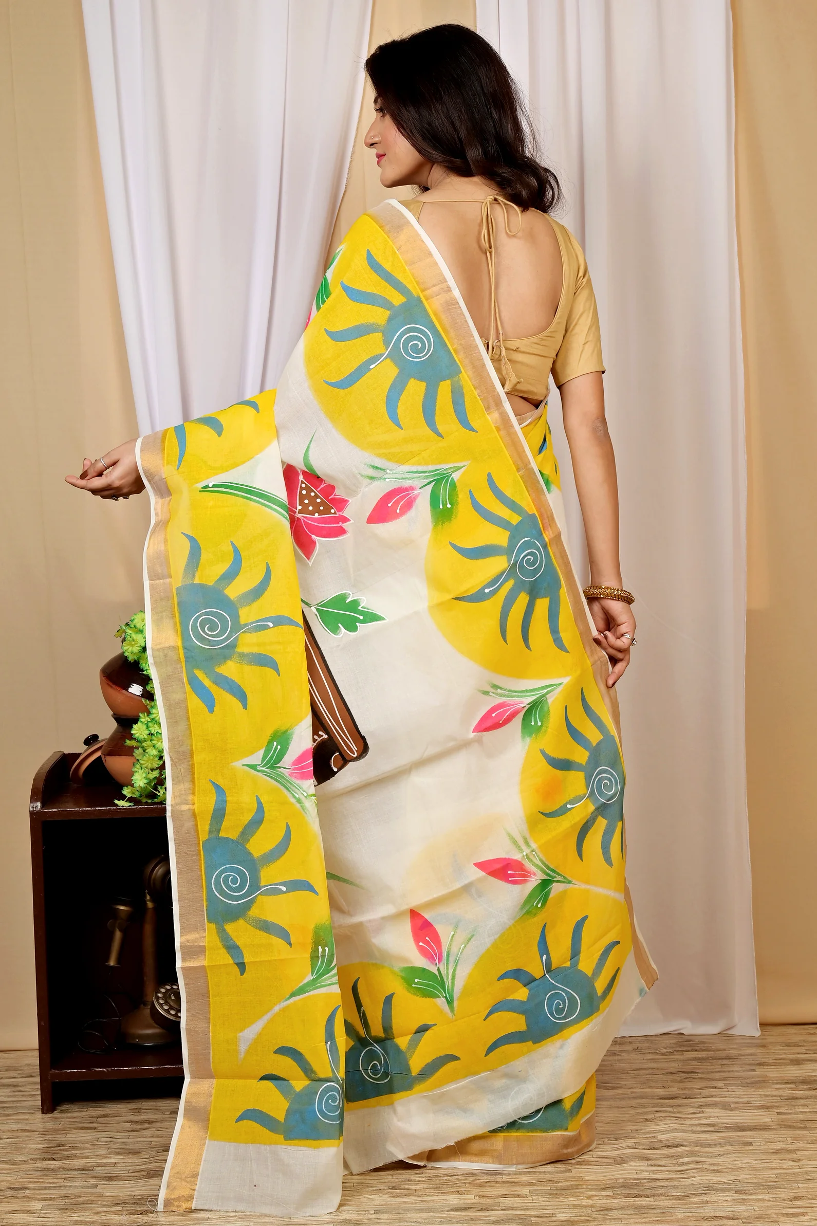 Multi-Coloured Pure Cotton Hataka Hand Painted Saree (9012)