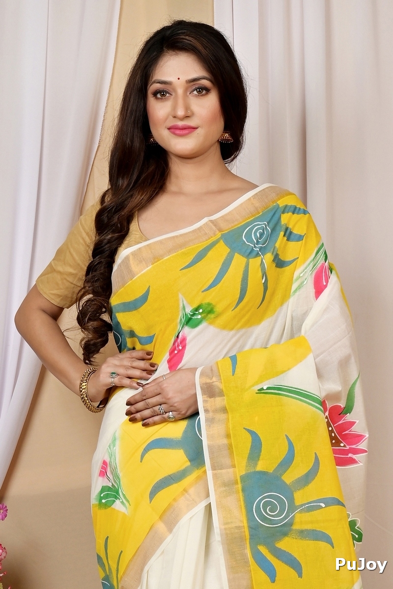 Multi-Coloured Pure Cotton Hataka Hand Painted Saree (9012)