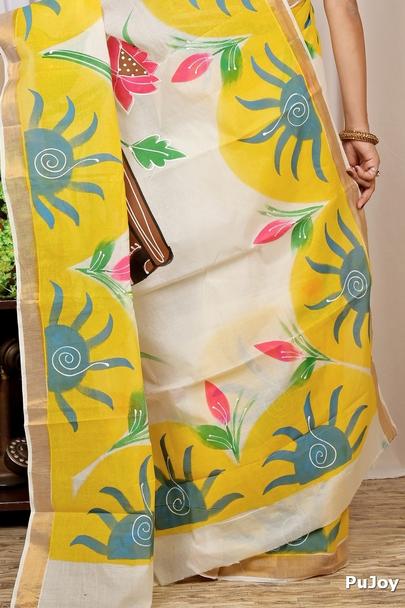 Multi-Coloured Pure Cotton Hataka Hand Painted Saree (9012)