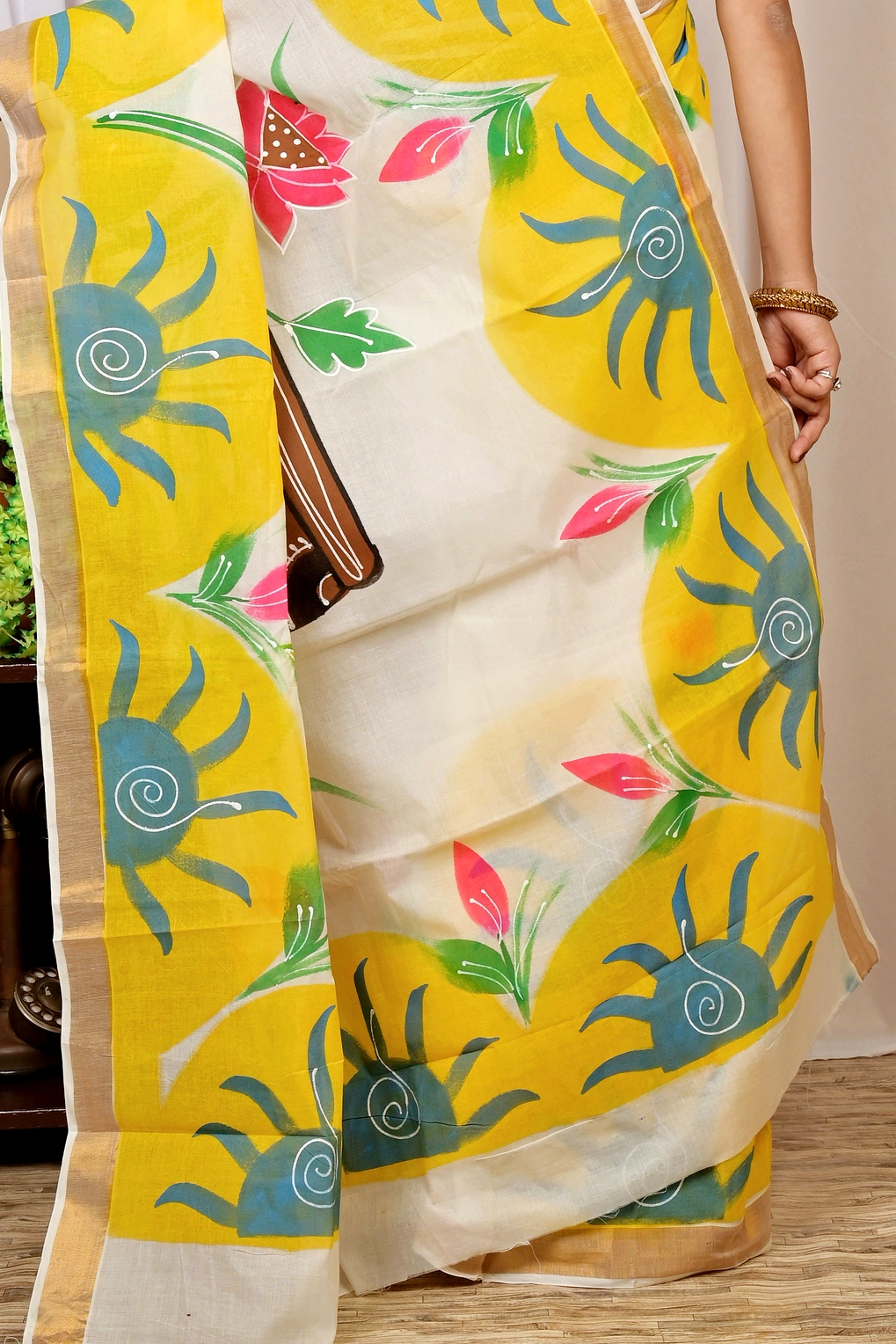 Multi-Coloured Pure Cotton Hataka Hand Painted Saree (9012)