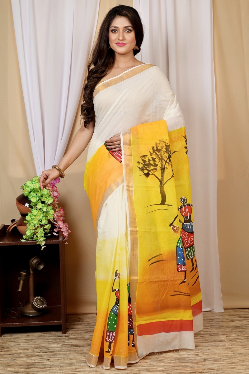 Multi-Coloured Pure Cotton Hataka Hand Painted Saree (9013)