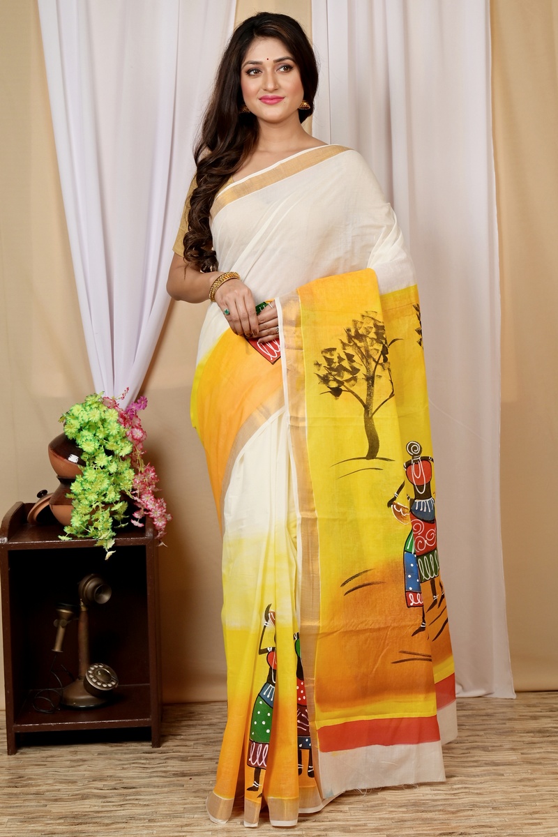 Multi-Coloured Pure Cotton Hataka Hand Painted Saree (9013)