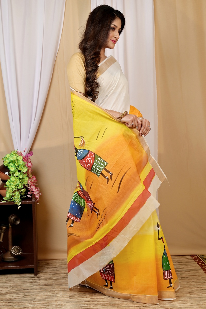 Multi-Coloured Pure Cotton Hataka Hand Painted Saree (9013)